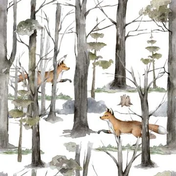 Seamless pattern scandinavian illustrations fox animal in forest. Realistic w Stock Illustration
