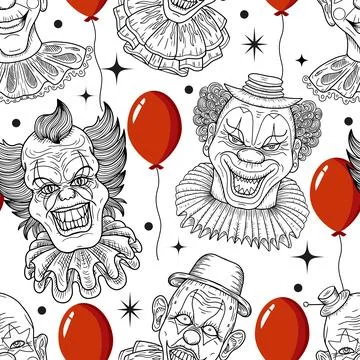 Seamless pattern with scary, crazy clowns faces 스톡 일러스트