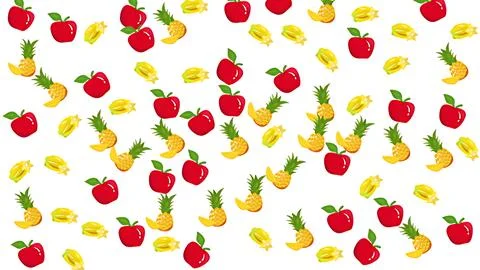Seamless pattern with scattered red apples, yellow pineapples, and starfrui.. Stock Illustration
