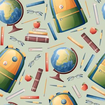 Seamless pattern with a school backpack, textbooks, a globe on a green backgr Stock Illustration