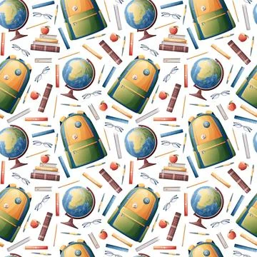 Seamless pattern with a school backpack, textbooks, a globe on a white backgr Stock Illustration