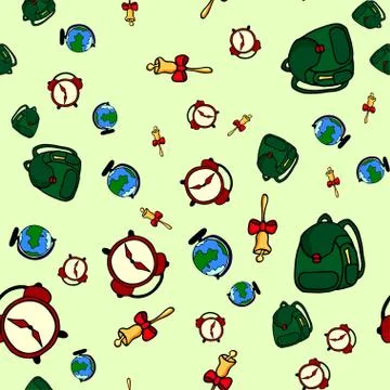 Seamless pattern with school bell with bow, school rucksack and globe Stock Illustration