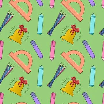 Seamless pattern with school bells, pencils, markers, and protractors on gree 스톡 일러스트