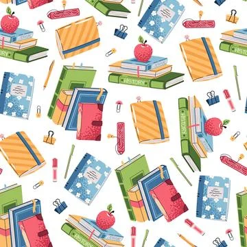 Seamless Pattern with School Books, Stationery. Flat Design Education Background Stock Illustration