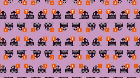 Seamless Pattern of School Bus and Alert Symbol on Purple Background. Video stock 325404522