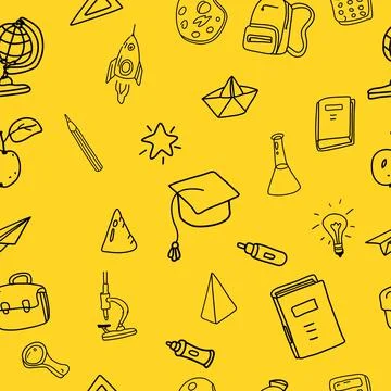Seamless Pattern school doodles. Back to school line icons supples, equipment 스톡 일러스트