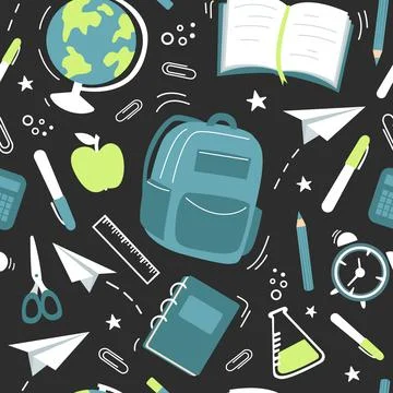 Seamless pattern of school elements - globe, paper clips, backpack, paper pla 스톡 일러스트