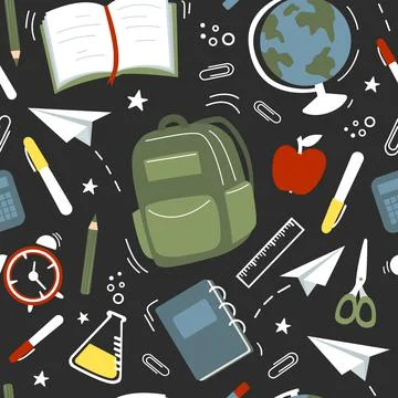 Seamless pattern of school elements - globe, paper clips, backpack, paper pla Illustrazione stock