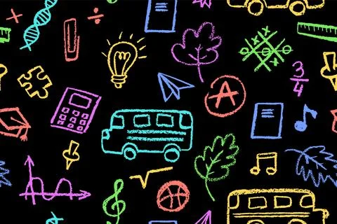 Seamless pattern with school icons like bus, leaf, note, and bulb in vibrant 스톡 일러스트