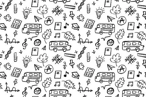Seamless pattern with school icons like bus, leaf, note, and bulb in black color Stock Illustration