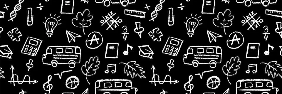 Seamless pattern with school icons like bus, leaf, note, and bulb in white color Stock Illustration