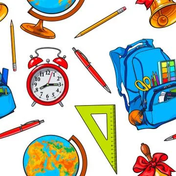Seamless pattern with school items, backpack, globe, bell, clock Stock Illustration