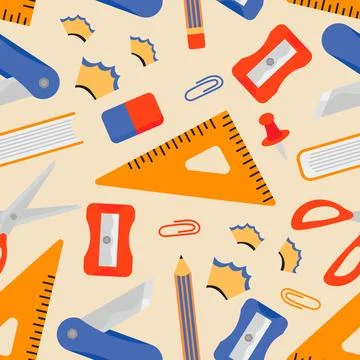 Seamless Pattern School Materials Isolated on Beige Background Back to Scho.. 스톡 일러스트