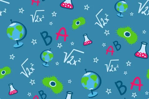 Seamless pattern with school sciences. Amoeba, Alphabet, globe, bulb, Square 스톡 일러스트