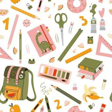 Seamless pattern with school stationery and art supplies on a white backgro.. Illustrazione stock