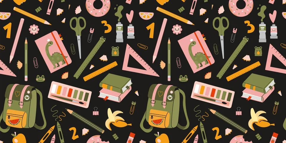Seamless pattern with school stationery and art supplies on a black backgro.. Stock Illustration