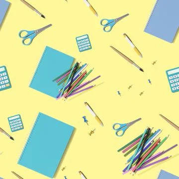 Seamless pattern with school stationery items on yellow background. Colorfu.. Illustrazione stock