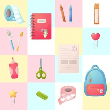 Seamless pattern, school supplies. Cartoon, vector. back to school square Stock Illustration