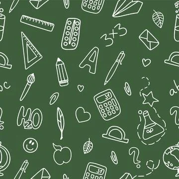 Seamless pattern of school supplies on a green background. Back to school. .. Illustrazione stock
