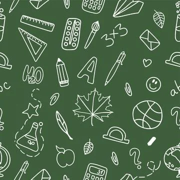 Seamless pattern of school supplies on a green background. Back to school. Ve Stock Illustration