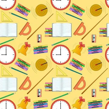Seamless pattern with school supplies, wall clock, book, pencil, bell, and .. Stock Illustration