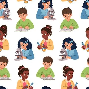 Seamless Pattern with Schoolchildren Doing Science Experiments, School Stock Illustration