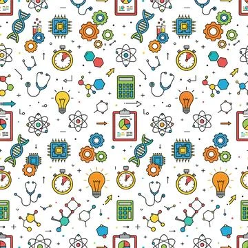 Seamless pattern of science and technology icons including DNA helix, atom,.. Ilustración de archivo