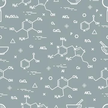 Seamless pattern with scientific, education elements: molecular structure, fo Illustrazione stock