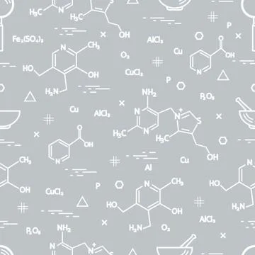 Seamless pattern with scientific, education elements: molecular structure, fo Illustrazione stock