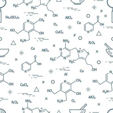 Seamless pattern with scientific, education elements: molecular structure, fo Stockillustratie