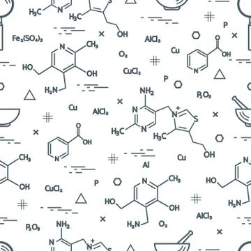 Seamless pattern with scientific, education elements: molecular structure, fo Illustrazione stock
