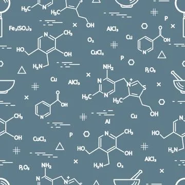 Seamless pattern with scientific, education elements: molecular structure, fo イラスト素材