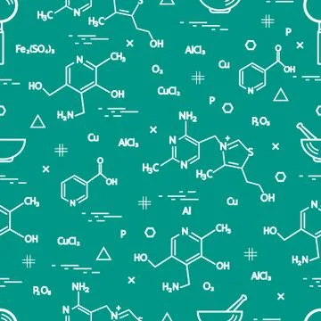 Seamless pattern with scientific, education elements: molecular structure, fo Illustrazione stock