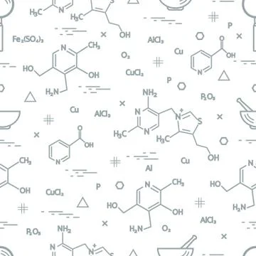 Seamless pattern with scientific, education elements: molecular structure, fo Illustrazione stock