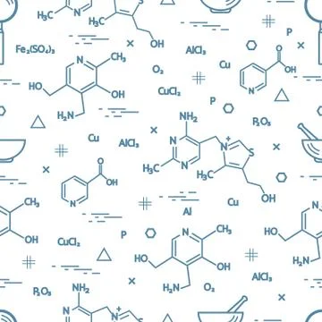 Seamless pattern with scientific, education elements: molecular structure, fo Illustrazione stock