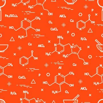Seamless pattern with scientific, education elements: molecular structure, fo Stock Illustration