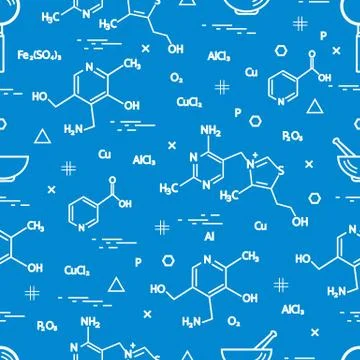 Seamless pattern with scientific, education elements: molecular structure, fo Illustrazione stock