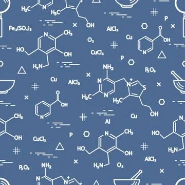 Seamless pattern with scientific, education elements: molecular structure, fo Illustrazione stock