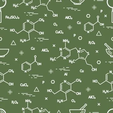 Seamless pattern with scientific, education elements: molecular structure, fo Illustrazione stock