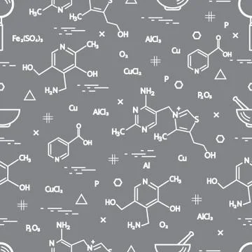 Seamless pattern with scientific, education elements: molecular structure, fo Illustrazione stock