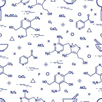 Seamless pattern with scientific, education elements: molecular structure, fo Illustrazione stock