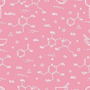 Seamless pattern with scientific, education elements: molecular structure, fo Illustrazione stock