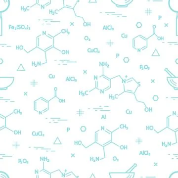 Seamless pattern with scientific, education elements: molecular structure, fo Illustrazione stock