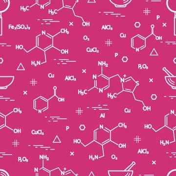 Seamless pattern with scientific, education elements: molecular structure, fo Illustrazione stock