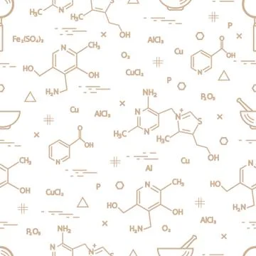 Seamless pattern with scientific, education elements: molecular structure, fo 스톡 일러스트
