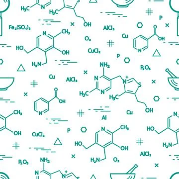Seamless pattern with scientific, education elements: molecular structure, fo Illustrazione stock