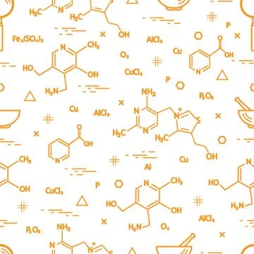 Seamless pattern with scientific, education elements: molecular structure, fo Illustrazione stock
