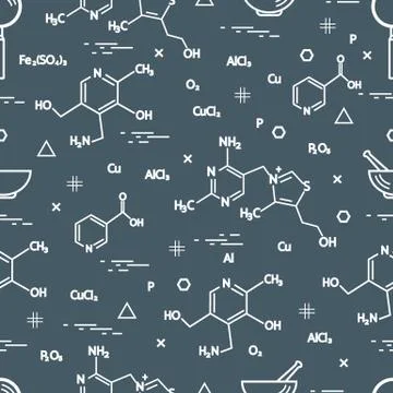Seamless pattern with scientific, education elements: molecular structure, fo Illustrazione stock