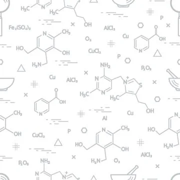 Seamless pattern with scientific, education elements: molecular structure, fo Illustrazione stock