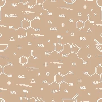 Seamless pattern with scientific, education elements: molecular structure, fo Stockillustratie